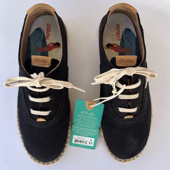 Olukai Kaula Pa’a Li Espadrille NWT Black Canvas Lace-Up Flats Sneakers Size 9.5 - Picture 1 of 10